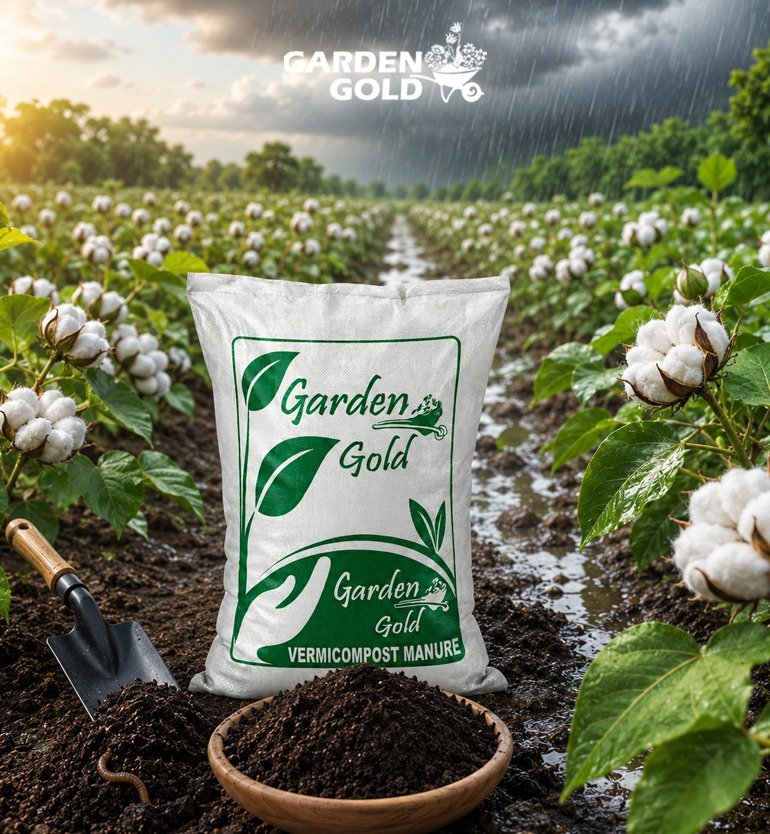 Garden Gold vermicompost manure in a cotton field for organic farming